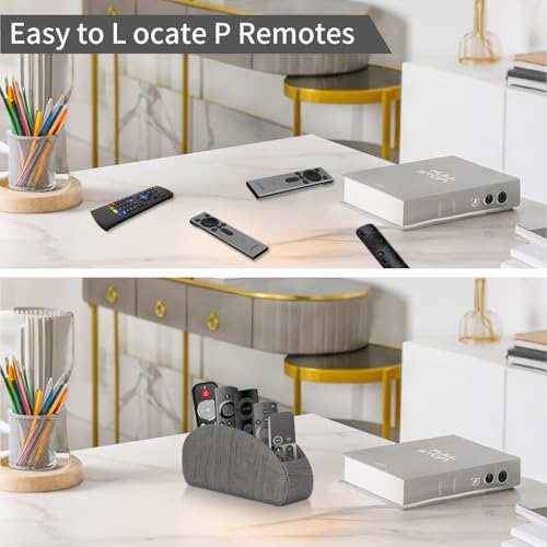 Remote Control Holder, Leather 5 Rooms Desk Organizer and Decorations for Living Room, Bedside Storage Remotes Caddy for TV Controllers/ Makeup Brush Pen/ Office Stationery/ Art Supplies/ Eyeglasses - color: Grey wood grain, size: Small