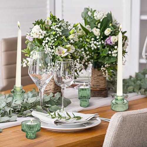 Taper Votive Candle Holder for Pillar Candles Tealight, Candlestick Holder for Wedding Christmas Tea Party, Boho Ribbed Vintage Crystal Glass Table Centerpiece Decor, Bulk Set of 6 (Green) - color: Green