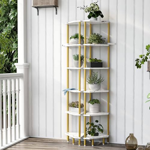6 Tier Corner Shelf, 66.5'' Tall Standing Shelf, Narrow Display Shelf Stand, Modern Corner Bookshelf, Plant Stand, Corner Bookcase for Living Room, Bedroom, Bathroom, Gold and White LCS502GC - color: Gold and White