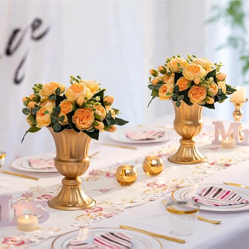 Sziqiqi Gold Flower Arrangements Vase for Wedding Table Centerpiece - 9in Metal Planter Vase Pot for Artificial Real Flower Small Trumpet Plant Urn for Garden - color: Gold, size: 9in-2pcs