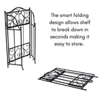 BIRDROCK HOME 2-Tier Metal Tiny Plant Stand Shelf - Decorative Mediterranean Scroll Design - Lightweight Folding - Black Metal Holder Rack - Indoor or Outdoor Use - Great for Small Spaces - Small