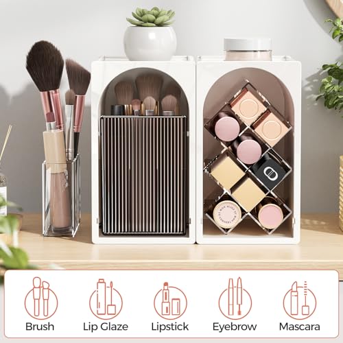INVSSENE Stackable Makeup Organizer Countertop, Storage Perfume Skincare Cosmetic Lipstick Face Mask Makeup Brush Palettes, Ideal for Vanity Bathroom Counter - color: 3513 White+Coffee