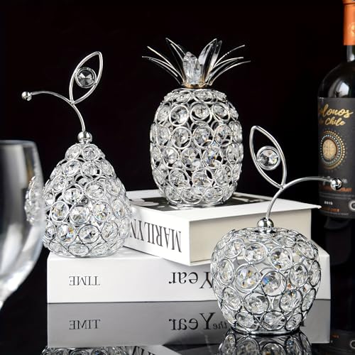 Set of 3 Crystal Metal Pineapple Pear Table Centerpiece Handmade Crystal Candlestick Hollow Fruit Ornament Home Party Wedding Holiday Bar Decoration (Silver, Set of 3) - color: Silver