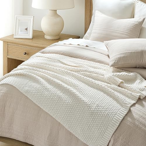 EVERGRACEHOME Chunky Chenille Knit Throw Blanket for Couch, Soft Luxurious Moss Stitch Blankets for Bed, Cozy Decorative Farmhouse Knitted Throws for Sofa, Bright White, 60" x 80" - color: Bright White, size: 60" x 80"