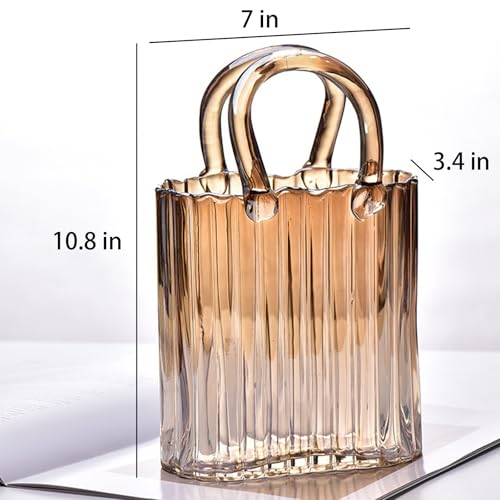 10.8" Modern vase, Transparent Blue Glass Striped Handbag vase, Home Decoration. Elegant Handbag, Suitable for Bedroom, Living Room and Home Decoration- Amber - color: Vertical Patterned Vase - Amber