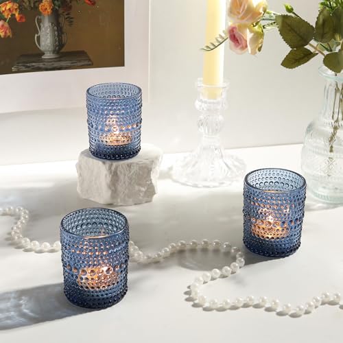 24 Pack Votive Candles Holders - 2x2.5in Blue Vintage Glass Votives Tealight Candle Holders for Table Centerpieces, Tea Light Candle Holder Decor for Wedding Bridal Shower Party - color: Blue