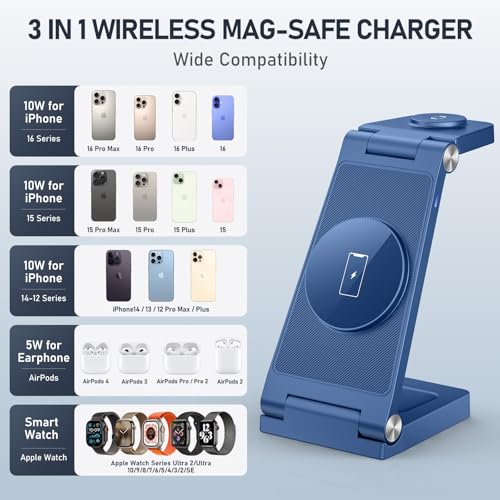 Magnetic Wireless Charger Stand, 3 in 1 Foldable Wireless Charging Station with 20W Adapter, Travel Charger for Multiple Devices for iPhone 17 16 15 14 13 12 Pro/Max/Plus/Mini, iWatch, AirPods - color: Blue
