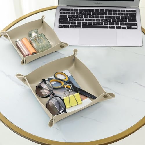 2 Pack (Size:9.84"&7.87") PU Leather Jewelry Valet Tray,Portable Entryway Table Nightstand Desk Tray Catchall Travel Plate Organizer for Phone, Keys, Wallet, Watch,Coin (Beige) - color: Beige