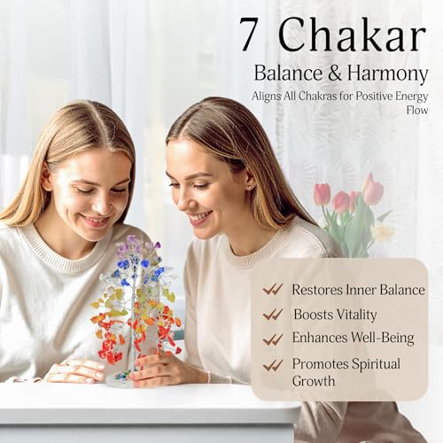 YATSKIA 7 Chakra Tree of Life Crystal Tree | Birthday Gifts for Women | Healing Crystals Gemstone Tree | Crystal Gifts for Mom | Home Office Decor | Handcrafted Unique Gifts - color: #1 Seven Chakra Agate Slice Base