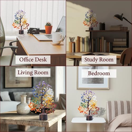 7 Chakra tree of life Crystal Healing Money Tree for Home Living Decor, Office Desk Decor | Handmade Feng Shui Bonsai for Positive Energy, Wealth & Good Luck | Birthday Gifts for Men, Women, Mom - color: 7 Chakra Tree Wooden Base 300 Beads