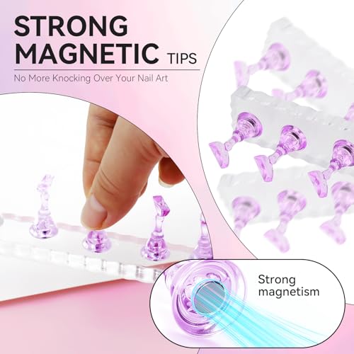 Nail Stand For Press On Acrylic Strong Magnetic Nail Holder Kit For Painting Nails Tip Arts Display With 200PCS Double-Sided Tape And 1 Heart Shaped Acrylic Magnetic Presson Stand (Clear And Purple, Medium) - color: Clear And Purple, size: Medium