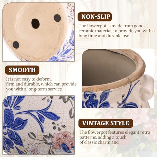 Ceramic Scroll Planter 6.5 Inch Chinoiserie Floral Vase with Drainage Holes Vintage Flower Vase Flower Pot Rustic Ceramic Pots for Indoor Plants Garden Home Bookshelf Decor(Blue, Red) - style: Blue, Red