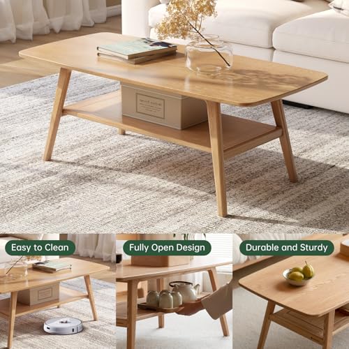 100% Solid Oak Wood Coffee Table for Living Room, 2-Tier Small Coffee Tables with Shelf Storage, Mid Century Modern Table with Rounded Corners (Natural, 39.37" x 19.68" x 17.32") - color: Natural Colour, size: 39.37"W x19.68" D x 17.32" H