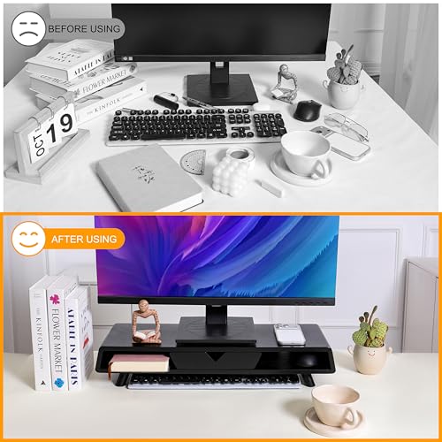 Homerays Monitor Stand with Drawer, Exquisite Computer Monitor Stand for Desk, Ergonomic Wood Monitor Stand Riser for Computer,Laptop,Printer,TV,Bamboo,Black - color: Black
