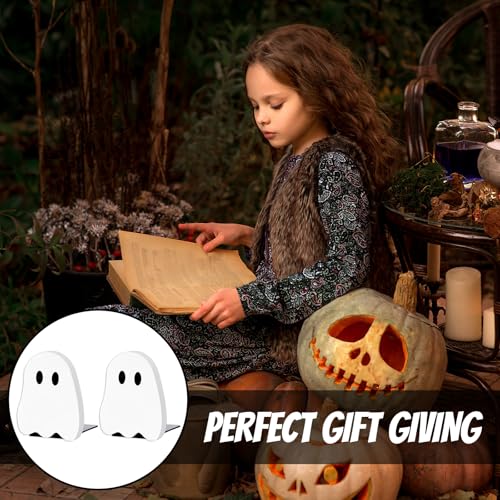 JarThenaAMCS 2Pcs Halloween Wood Bookends White Ghost Shape Wooden Book Stands Cute Ghost Non Skid Book Stoppers for Heavy Books Home School Office Library