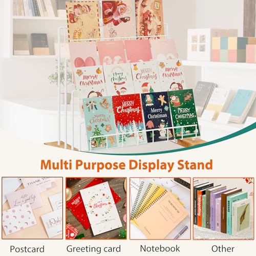 Greeting Card Display Stand, 4-Tier Greeting Card Organizer for Cards, Postcard, Photos, Brochure, Sticker, Trading Cards, Metal & Wooden Retail Display Rack for Vendors Counter Retail (White) - color: White