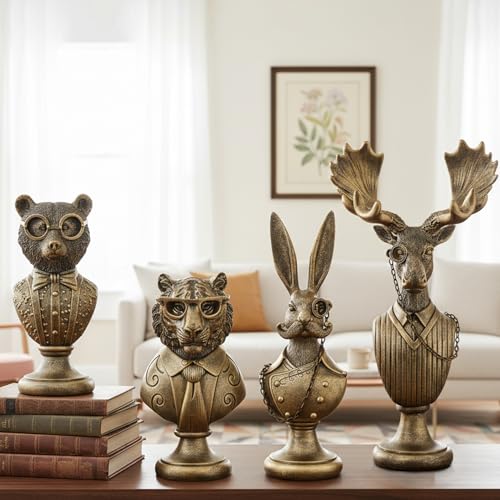 Vintage Animal Statue Sculpture Set,Gold Resin Animals Bust Figurine with Glasses & Suit, Retro Office Desk Decor for Home Living Room, Creative Gift for Animal Lovers - color: Animal Bust Set 4