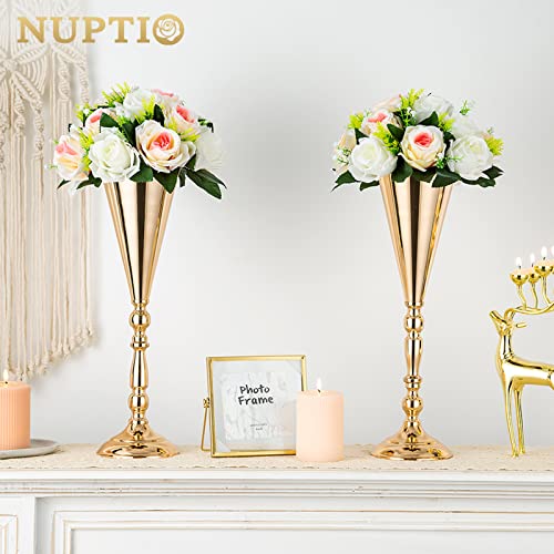 2 Pcs Tabletop Metal Wedding Flower Trumpet Vase, 16.5 inch Tall Table Decorative Centerpiece, Artificial Flower Arrangements for Anniversary Ceremony Party Birthday Event Aisle Home Decoration (Gold) - color: Gold, size: 16.5 inch x 2 Pcs