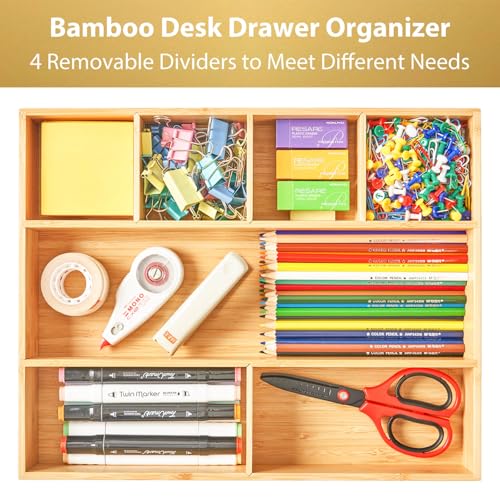 Umilife Large Bamboo Desk Drawer Organizer, Wood Junk Organizer Tray with Adjustable Dividers, Anti-Skip Storage Organization in Office Bathroom Drawer for Vanity, Makeup, 15" x 12" - size: 15"x12"