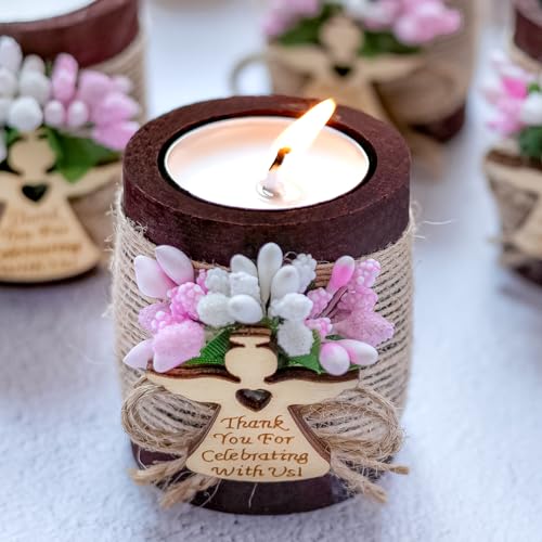 Ju's Favors Wooden Candle Holders Set of 10 for Baptism Gift for Guests, Christening Gifts, Party Favors. (Dark brown - pink) - color: Dark Brown - Pink