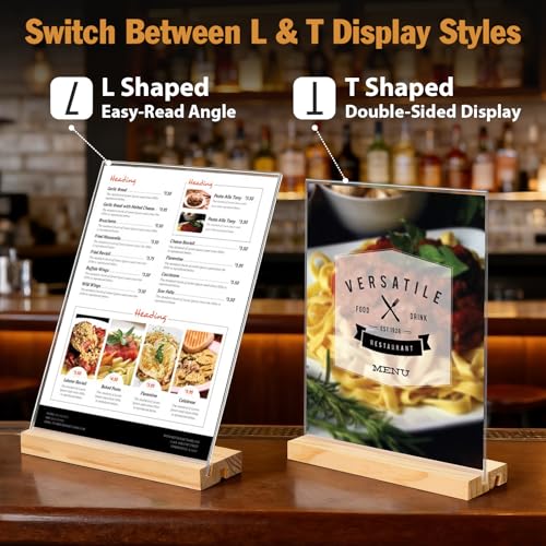 xydstay 6pack 8.5x11 Acrylic Sign Holder with Wood Base for Picture Frames,L/T Shape Double Slot Design for Vertical or Slant Back Display, for Restaurant, Office, School, Store and Home Use - size: 6 pack