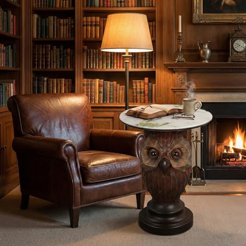 Owl Side Table, Round End Table with Faux Marble Top, Resin Owl Statue Base, Unique Animal Accent Table for Living Room, Bedroom, Nursery, Rustic Brown 22.83“ Tall 17.17" Height - style: OWL Table