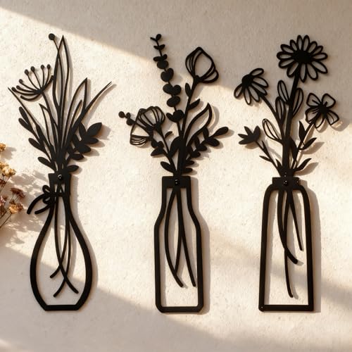 Set of 3 Black Metal Flower Wall Art, Modern Farmhouse Rustic Vase Wall Decor for Living Room Bathroom Kitchen Bedroom, Elegant Gift for Housewarming Spring Mother's Day for Homeowners - color: Black