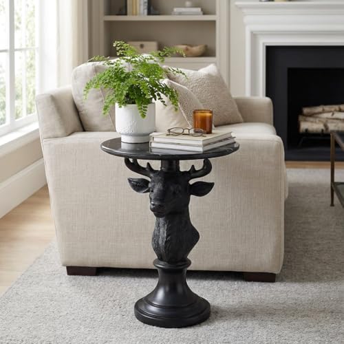 Modern Accent Table with Black Deer Sculpture Base, Minimalist Faux Marble End Table for Living Room Reception Area & Bedroom, 19.69 Inches Wide × 25.59 Inches High - style: black deer