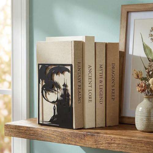 Gothic Dragon Bookends, Black Metal Castle Design, 7.1 x 4.7 Inch, Decorative Book Holders with Non-Slip Base, 2 Piece Set