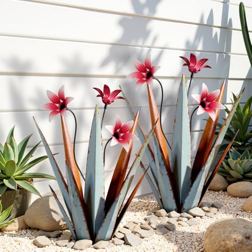 2 Pack Metal Agave Plant Sculptures, Outdoor Agave Plants, Tequila Rustic Sculpture, 16” Hand Painted Garden Decoration Yard Art Plant - color: Retro Blue 2pcs W/ Flower
