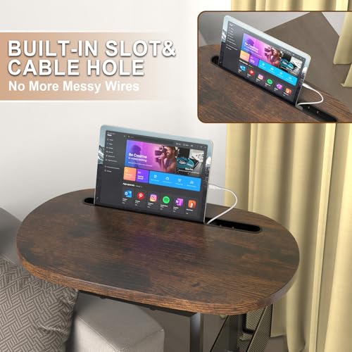 Fashion TV Tray Table with Large Tabletop, Adjustable Sofa Table with Storage Baskets, Strong Metal Frame, Tv Dinner Tray Table for TV Watching, Meals, Snacks (Oval, Brown, 16.93inch x 12.6inch)
