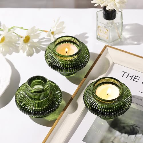 Green Taper Candle Holders Set of 10 for Taper Candles/Tea Lights, Ribbed Glass Candlestick Holders for Boho Wedding Table, Vintage Candle Sticks Holder Decor Home Decor - color: Green