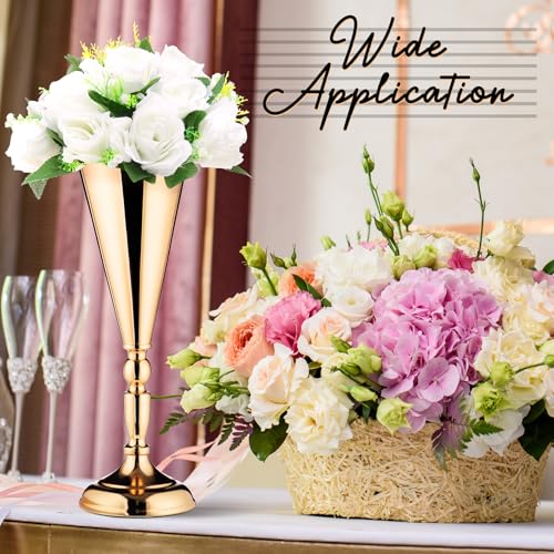 Potchen 6 Pcs Flower Trumpet Gold Vase Tabletop Centerpiece Gold Tall Flower Vases Bulk Wedding Table Decorative Centerpiece Table Decorations Arrangements for Floral Party Anniversary Birthday(M) - size: Medium