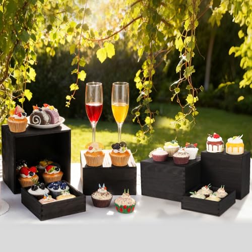 6 Pack Wood Cake Cupcake Stand Buffet Risers, Wooden Display Stand Wood Display Riser, Square Food Display Risers for Party Wedding Birthday Home (6" 7" 8" 9" 10" 11") - color: Black 6pcs (6" 7" 8" 9" 10" 11")