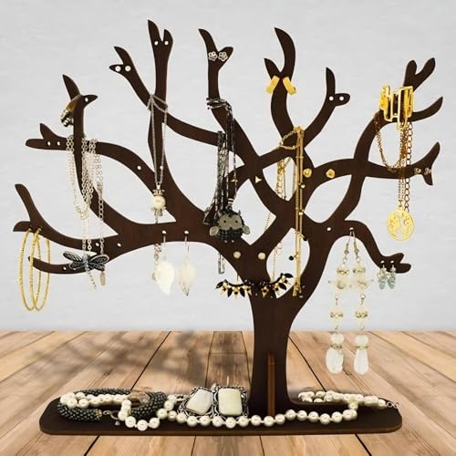 Wooden Jewelry Tree Necklace Holder,9 Inch Jewelry Stand Creative Ring Holder Necklace Suitable Ring Earrings Necklace Bracelet for living rooms, bathrooms,offices (TREE)