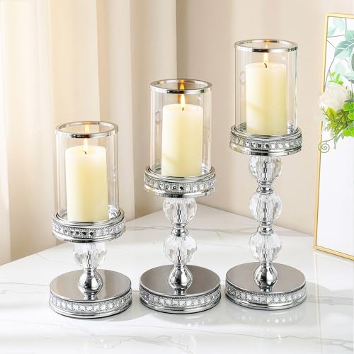 10" Tall Hurricane Candle Holder, Pillar Candle Holders with Glass Sleeve with Gift Box, Crystal Candle Stands for Home Warming, Weddiing, Dining Room Decor, Table Centerpiece (2, Silver, S) - color: Silver, size: Small