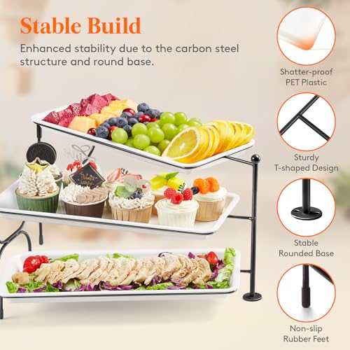 Lifewit 3 Tier Serving Tray, 36 x 17 cm/14 x 6.5" White Plastic Tiered Food Serving Platters, Rotating Tiered Tray Stand for Party with Black Collapsible Metal Stand, Dessert Table Stands for Cookies - size: 14" x 6.5", style: Rotatable