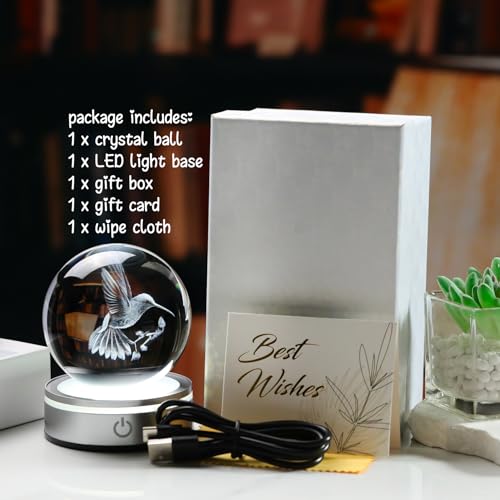 3.15in. 3D Hummingbird Crystal Ball Gifts for Women Girlfriend, K9 Crystal Decorative Ball Engraved Hummingbird Figurine Paperweight with LED Light Base for Home Office Decoration - color: Hummingbird