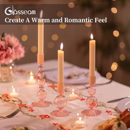 Glasseam Pink Glass Candlestick Holder: Unique Candle Holders Set of 3 Modern Taper Candle Holder Decorative Candle Holders for Table Centerpiece Party Christmas Home Wedding Decoration - color: Pink