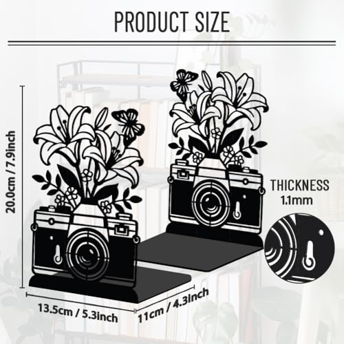 WADORN 1 Pair Camera Flowers Decorative Bookends for Shelves, Retro Heavy Duty Metal Book Ends Black Novelty Non-Skid Black Book Stopper for Library Home Office Dorm Reading Room, 5.3x4.3x7.9 Inch - color: Camera Flowers