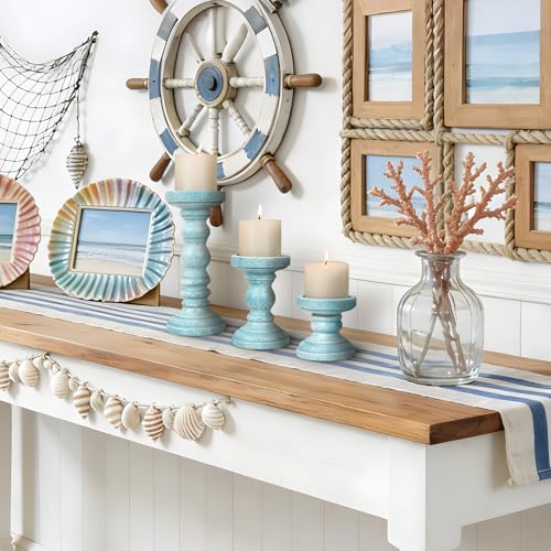 Candle Holder for Pillar Candle Set of 3, Ocean Themed Beach Decor Candle Holders, Coastal Farmhouse Nautical Rustic Decorations for Bathroom, Living Room, Dining Room and Office, Blue - color: Blue