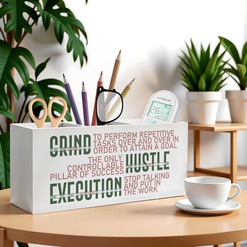 Motivational Office Pencil Pen Holder for Desk, Grind Hustle Execution Wooden Pencil Holder Organizer for Home Office Desk Accessories, Encouragement Gifts for Women - color: Color-Desk accessories white 16