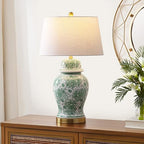 JONATHAN Y 29.5" Green/White Ceramic Table Lamp for Living Room and Office, White Linen Drum Shade, Traditional Chinoiserie Ginger Jar Lamp, LED Bulb Included (JYL3008D) - color: Green/White