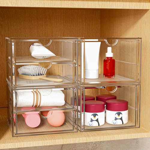 caktraie Acrylic Makeup Organizer, 4 Pack Drawer Organizer - Transparent Desktop Storage for Cosmetics, Office Supplies & More - Clear Organizers for Home & Office Use - size: 6 Drawers