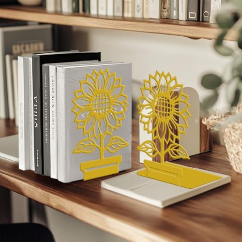 Peacoblue Metal Bookends for Shelves, Modern Decorative Heavy Duty Study Book Ends Stoppers for Office, Desk, Shelf, Room 5.3"x4.3"x7.9" Cast Iron Simple Tall Bookends 1 Pair (Potted Sunflowers) - style: Potted Sunflowers
