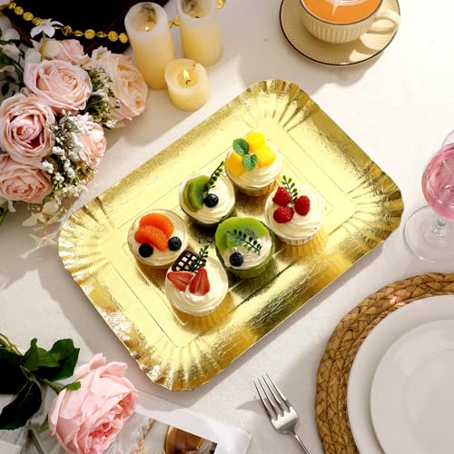 20 Pcs Gold Serving Trays and Platters Bulk Disposable Paper Rectangle Gold Party Platters Decorative Food Appetizer Foil Trays for Birthday Wedding Dessert Table Snack Cupcake, 13.8" x 9.8"