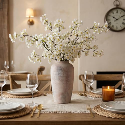 Rustic Distressed Ceramic Threaded Vase, 11" H Handmade Wabi Sabi Decor Vase (Antique Terracotta with Lime White & Distressed Black Patches) for Living Room Table Centerpieces, Entryway & Fireplace - size: 11 inch-B