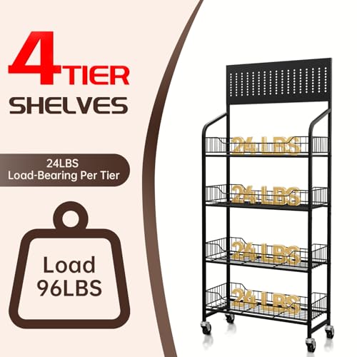 4-Tier Metal Display Rack Large Snack Shelving Unit with Hanging Panels and 12 Hooks 4 Casters for Easy Mobility Freestanding Display Unit Ideal for Supermarkets and Retail Stores (55H*23.68W*10.4D) - size: 55H*23.68W*10.4D