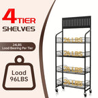 4-Tier Metal Display Rack Large Snack Shelving Unit with Hanging Panels and 12 Hooks 4 Casters for Easy Mobility Freestanding Display Unit Ideal for Supermarkets and Retail Stores (55H*23.68W*10.4D) - size: 55H*23.68W*10.4D