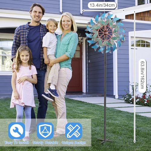66 Inch Metal Outdoor Wind Spinner, 2-Way Wind Sculpture Spinner with Metal Stake, Waterproof 360 Degrees Kinetic Windmill Art Decoration for Patio Garden Lawn (A- Vintage Blue) - color: A- Vintage Blue